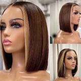 Chocolate Brown Bob Wig with Blonde Skunk Stripe Highlights Free Part 100% Human Hair