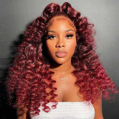 Loose Deep Wave Burgundy 99J Red Colored Wigs 100% Human Hair Undetectable Lace