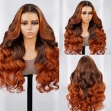 Ombre Brown to Ginger Color Wavy Wigs 100% Human Hair