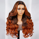 Ombre Brown to Ginger Color Wavy Wigs 100% Human Hair