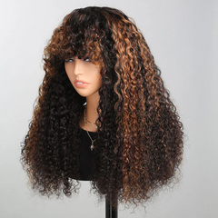 Highlight #30 Colored Ombre Afro Kinky Curly Wig With Bangs 100% Human Hair