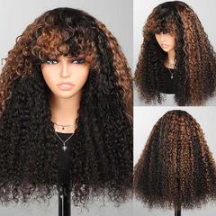 Highlight #30 Colored Ombre Afro Kinky Curly Wig With Bangs 100% Human Hair