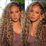 Piano Color Water Wave Frontal Wig Long  #4/27 Highlight Colored Human Hair Wig