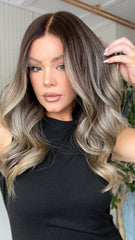 Cool Gray Brown Highlights Wigs 100% Real Human Hair for Caucasian 180% Density