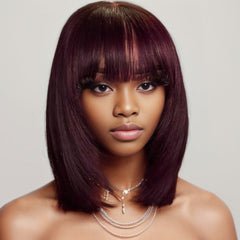 Reddish Purple Burgundy Layered Cut Straight Bob Wig with Bangs 100% Human Hair