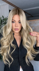 Ashy Blonde Wigs with Dark Roots 100% Real Human Hair for Caucasian 180% Density