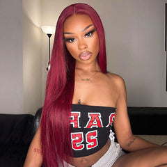 Burgundy 99J Wine Red Colored Human Hair Wigs Straight Undetectable Lace