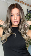 Cool Gray Brown Highlights Wigs 100% Real Human Hair for Caucasian 180% Density