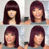 Reddish Purple Burgundy Layered Cut Straight Bob Wig with Bangs 100% Human Hair