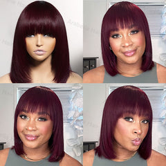 Reddish Purple Burgundy Layered Cut Straight Bob Wig with Bangs 100% Human Hair