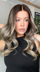 Cool Gray Brown Highlights Wigs 100% Real Human Hair for Caucasian 180% Density