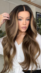 Brown Highlights Wavy Wigs 100% Real Human Hair for Caucasian 180% Density