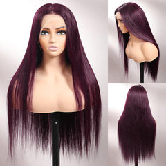 Dark Purple Plum Color Wigs Straight Human Hair Wigs Preplucked