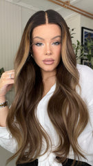 Brown Highlights Wavy Wigs 100% Real Human Hair for Caucasian 180% Density