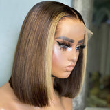 Chocolate Brown Bob Wig with Blonde Skunk Stripe Highlights Free Part 100% Human Hair