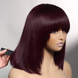 Reddish Purple Burgundy Layered Cut Straight Bob Wig with Bangs 100% Human Hair