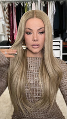 Honey Blonde Straight Wigs with Brown Roots 100% Real Human Hair for Caucasian 180% Density