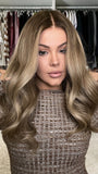 Cool Brown Highlights Wavy Wigs 100% Real Human Hair for Caucasian 180% Density