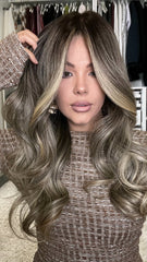 Warm Gray Highlights Wigs 100% Real Human Hair for Caucasian 180% Density