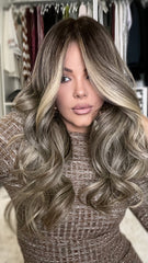 Warm Gray Highlights Wigs 100% Real Human Hair for Caucasian 180% Density