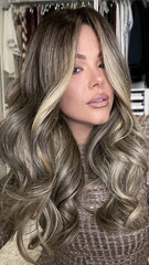 Warm Gray Highlights Wigs 100% Real Human Hair for Caucasian 180% Density