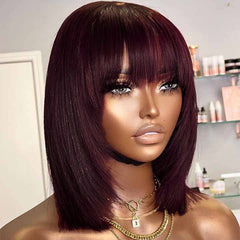 Reddish Purple Burgundy Layered Cut Straight Bob Wig with Bangs 100% Human Hair