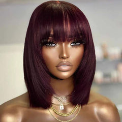 Reddish Purple Burgundy Layered Cut Straight Bob Wig with Bangs 100% Human Hair