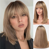 Ombre Blonde Brown Human Hair Wigs with Bangs for White Women