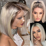 Short Bob Ash Blonde Lace Front Balayage Wigs for White Women 100% Human Hair