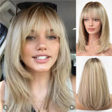 Ombre Blonde Brown Human Hair Wigs with Bangs for White Women