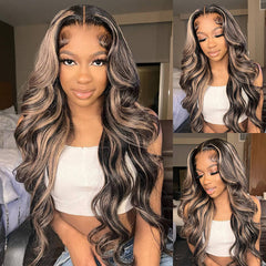 Brown and Blonde Balayage Highlights Colored Body Wave Human Hair Wigs