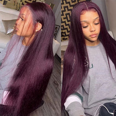 Dark Purple Plum Color Wigs Straight Human Hair Wigs Preplucked