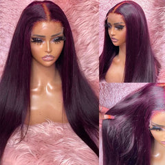 Dark Purple Plum Color Wigs Straight Human Hair Wigs Preplucked