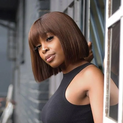 Chestnut Brown Color Bob Straight Wigs with Bangs 100% Human Hair