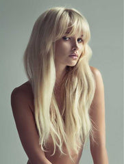 Long Blonde Wavy Human Wigs Lace Front Wigs With Bangs for White Women 100% Human Hair