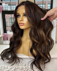 Loose Deep Wave Dark Brown Highlights Wigs for White Women 100% Human Hair