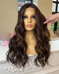 Loose Deep Wave Dark Brown Highlights Wigs for White Women 100% Human Hair