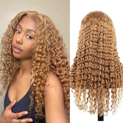 #27 Light Brown Colored Wig Water Wave Curly Human Hair Wigs Free Part