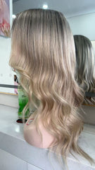 SULMY Ash Blonde Highlights with Dark Roots Long Wigs for White Women 100% Human Hair