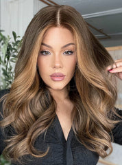 Brown Blonde Highlights Wigs 100% Real Human Hair for Caucasian