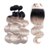 SULMY Silver Grey Human Hair Weave Bundles With Closure Dark Roots