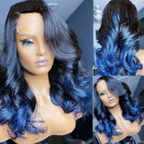 Midnight Blue Wigs with Dark Roots 100% Human Hair