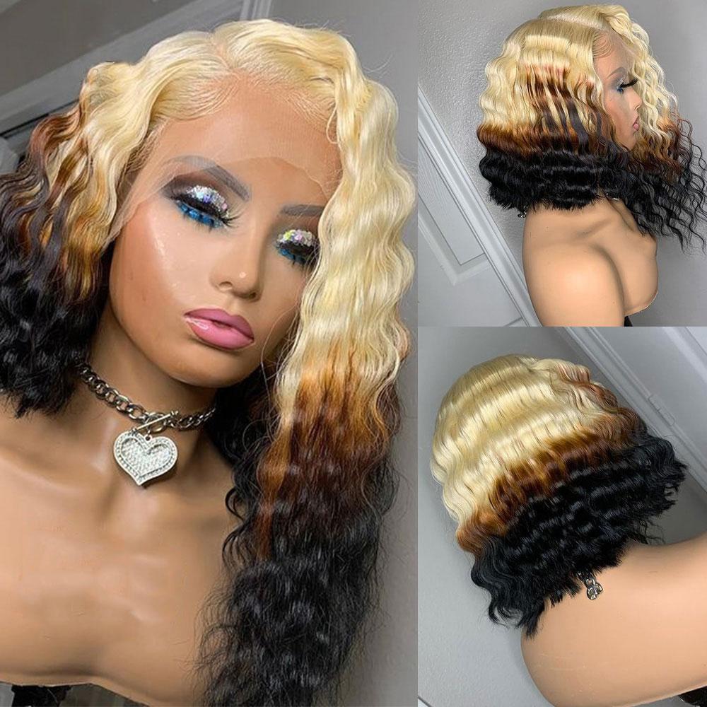 Soft Black to Blonde Wavy Invisible Lace Human Hair Wig WIG022