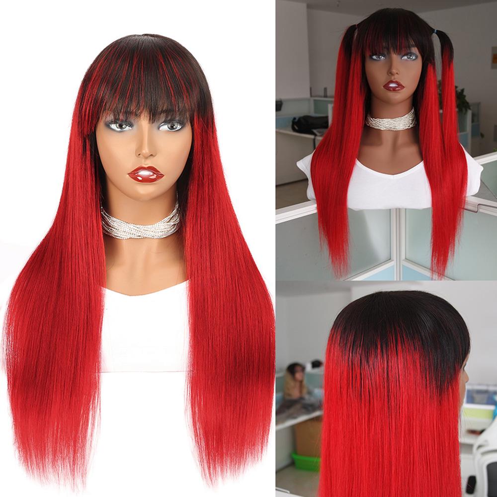 Ombre Red Wigs with Bangs with Dark Roots 100% Human Hair – SULMY