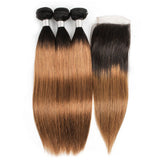 SULMY 1b #30 Ombre straight Brazilian Hair Weave Bundles with Closure