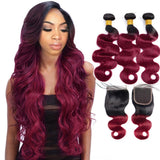 Burgundy Bundles with Closure Dark Roots Wavy Human Hair Weave | SULMY.