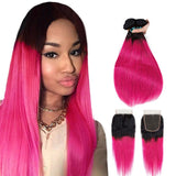 SULMY Hot Pink Bundles With Closure Straight Pink Human Hair Dark Roots