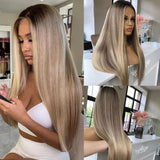 Ombre Ash Blonde Human Hair Wig Ash Blonde Lace Front Wig with Dark Roots