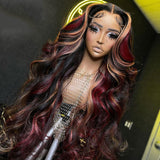 Burgundy With Blonde Highlights Wavy Wigs 100% Human Hair