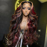 SULMY Burgundy With Blonde Highlights Wavy Wigs 100% Human Hair